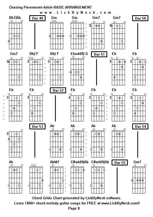 Chord Grids Chart of chord melody fingerstyle guitar song-Chasing Pavements-Adele-BASIC ARRANGEMENT,generated by LickByNeck software.